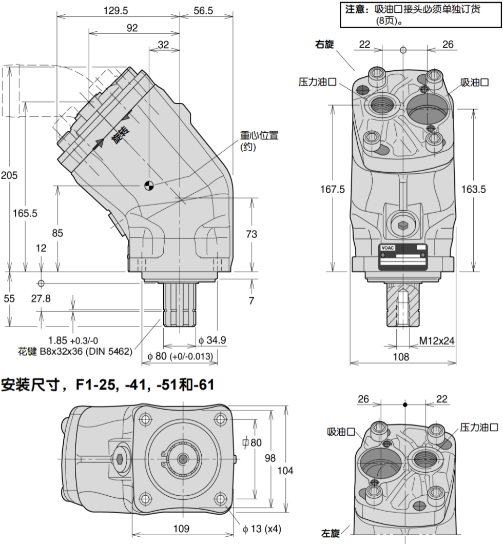 派克液压泵F1-25,-41,-51和-61安装尺寸